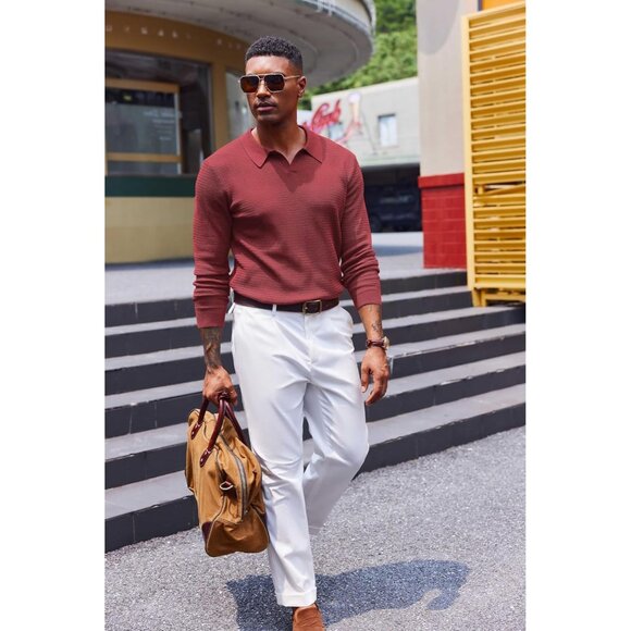 Men's Knit Polo Sweater V-Neck Long Sleeve Dress Pullover Fall Sweater Wine Red - Picture 2 of 3